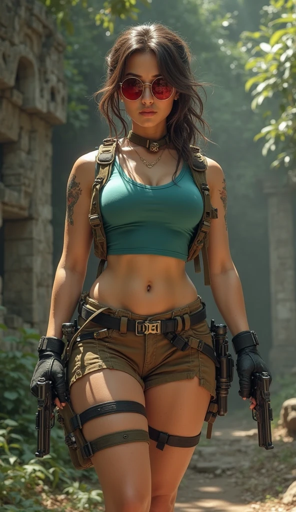 (masterpiece), best quality, expressive eyes, perfect face, (ancient ruins in deep jungle background), (standing), (smirk), (back view), (1girl, age 18+, Angelina Jolie, latina, dark skin, tanned skin, thick lips, brown hair, long hair, ponytail braid hairstyle, hazel eyes, hourglass figure, thin body, skinny body, large breasts, huge breasts, oppai, wide hips, big butt, round butt, thick thighs), (lara croft outfit, torn clothes, ripped clothes, teal tanktop, croptop, sleeveless, torn brown cargo minishorts, gun holster belt),