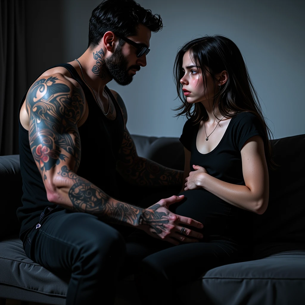 Happy pregnant goth girl wearing black crop top and mini skirt and tights and high heels while lying on a pink bed and her footballer boyfriend kissing her belly 