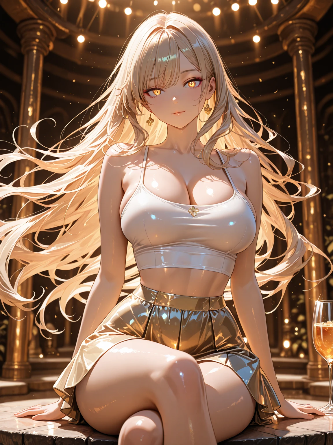 top-quality、Top image quality、masterpiece、girl with((20yr old、Best Bust、big bast、Bust 85,beautiful golden eyes、Breasts wide open,Blonde long hair、A slender、Large valleys、Gold Bikini、Gold Dress,Reflecting the whole body、Leaning forward))hiquality、Beautiful Art、Background with((Luxury Hotels、Golden Chain、Window with night view)))masutepiece、visualart、depth of fields、