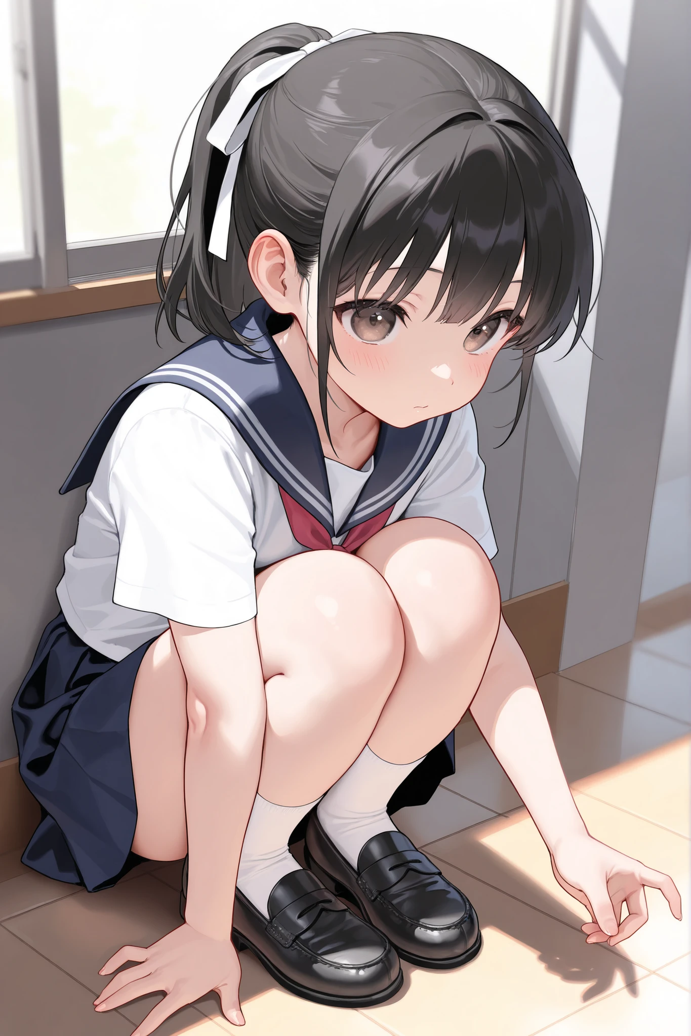 (One girl)、smile、Dark brown short hair、high school girl、Sailor suit、Crouching、Invite