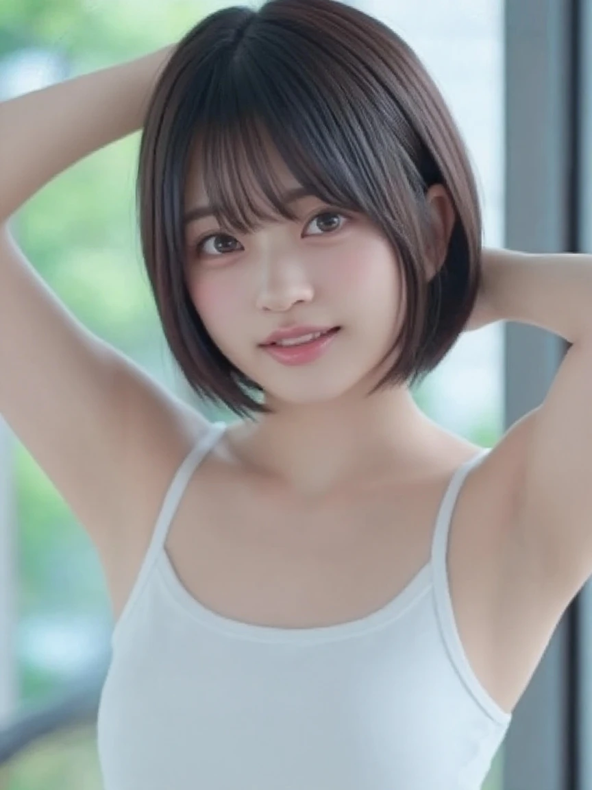 One girl,summer,Inside the room,Before betting,Standing,Black Hair,,Very Short Hair,Navy Blue,Tank top,Small bulges along the chest line,A big smile,6th grade elementary school,Japanese,single eyelid,Neat face,Honey,front,Look here,transparent,  Soft Light,(masterpiece, Highest quality), Structure of the film, Like a movie