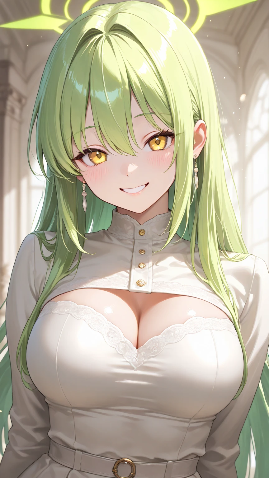 ​masterpiece、top-quality、extremely delicate and beautiful女性、cleavage of the breast、extremely delicate and beautiful、Very elaborate、girl with、(lyin in bed)、（green colored hair、Hair splashed outside、bangss）、hyperdetailed face、A detailed eye、Hanging、sparkling yellow eyes、Red cheeks、Teary-eyed、narrow her eyes、Open mouth、（wet face、a wet body）、White dress