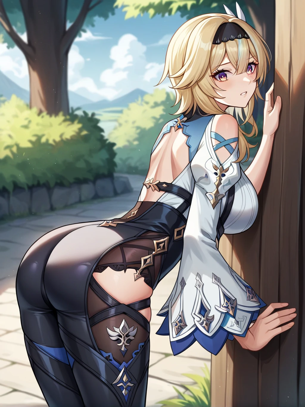 1girl, ying girl, special clothing, blonde hair, small breasts, bare breasts, bare nipples, bottom view.