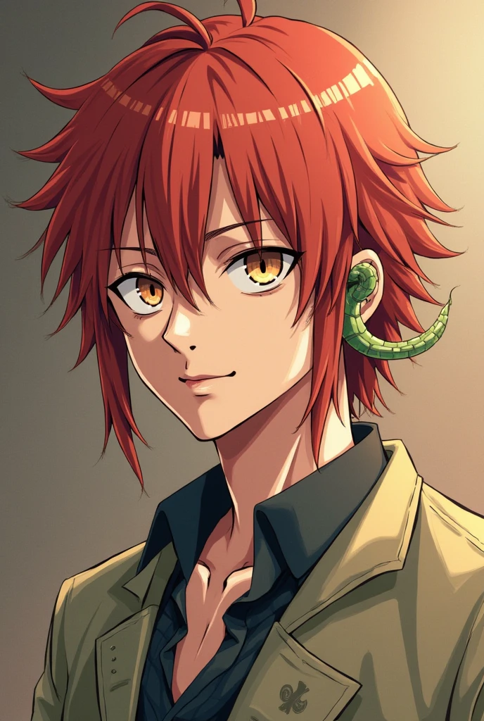Red-haired, green-eyed boy with a mole under his left eye, white skin with a tattoo of a snake on his neck quite masculine anime 
