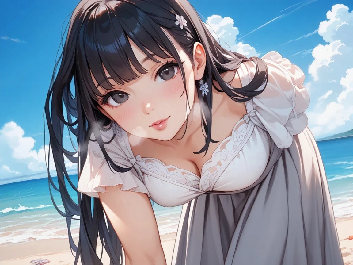 masterpiece, highest quality, One Girl, Thighs, beautiful girl, Flowers, たくさんの小さなflowerびら, flower、Small waist, RAWphotograph,Bright lighting、Face Light, Ultra-realistic, High resolution, photograph, Sharp focus, Highly detailed eyes and face,Accurate hands、Symmetrical face, whole body、Large Breasts、Long Hair、チラリと見えるThighs、Cleavage、Red flared skirt、White Sandals、White lace shirt、Early morning beach、Character portrait