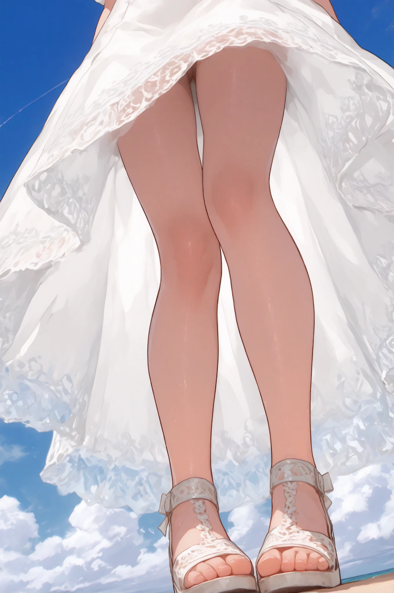 Giantess wearing wedding dress, athletic body, gts city, city buildings, smoke, clouds, evil, realistic lighting, high heels, from below,