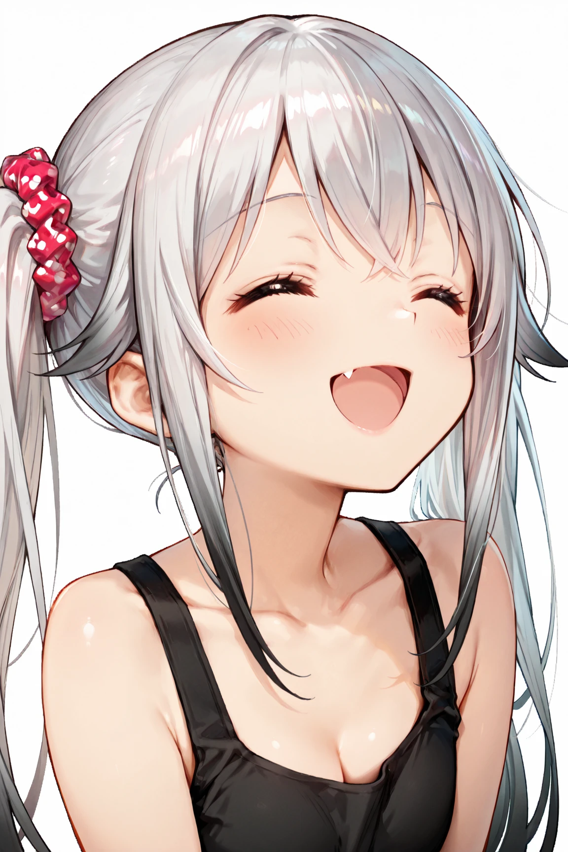 best quality, masterpiece, highres, solo, {asashimo_kantaicollection:1.15}, hair_over_one_eye, long_hair, grey_hair, ahoge, ponytail, grey_eyes, smile, bow, teeth, bowtie, sharp_teeth, 1girl, blush, collarbone, green_eyes, looking_at_viewer, simple_background, white_background, open_mouth, upper_body, breasts, camisole, small_breasts, sweat