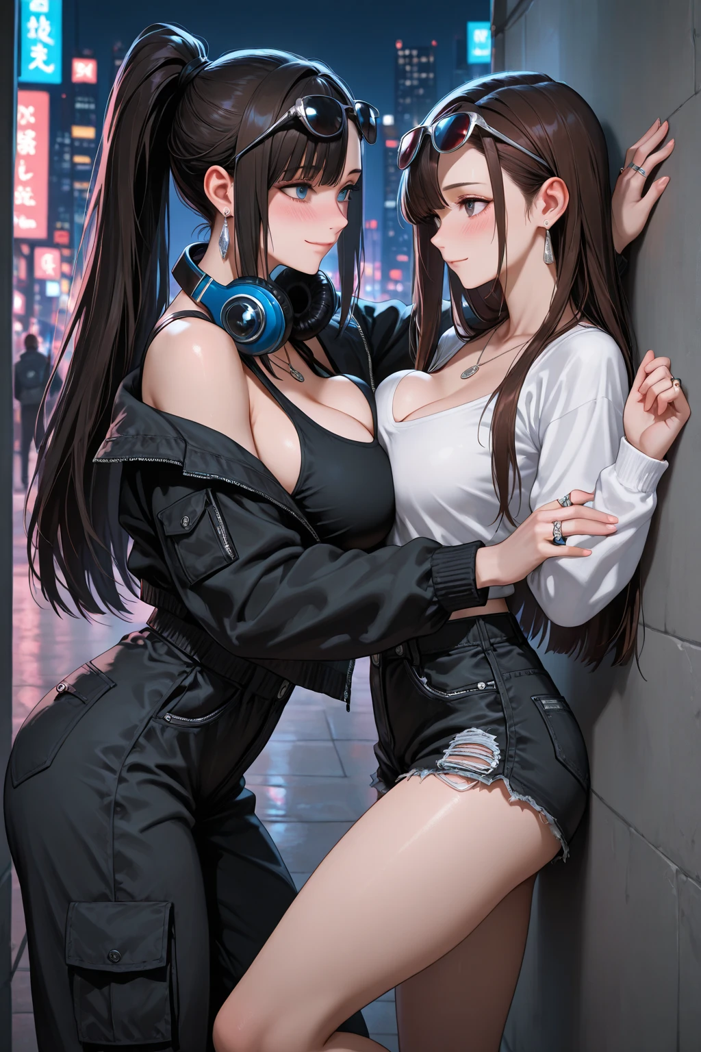 ((Midnight's Embrace, Masterpiece of Excellence, Best Quality, 8K:1.3)), Gracefully posed, showcasing her long legs in their stunning length :1.2, A woman of breathtaking beauty, her slender abs accentuating her perfect figure :1.4, ((Dark chocolate tresses, Enchanting bosom :1.2)), Clad in a white, form-fitting t-shirt that highlights her ample bust, paired with tight, denim overalls :1.2, ((Starlit metropolis, Rooftop haven:1.3)), Her visage meticulously detailed, skin texture so realistic
