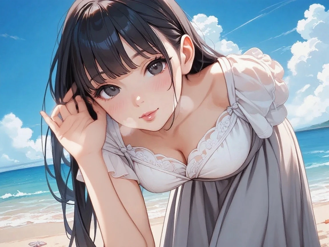 ((Sexy and beautiful woman lying on the beach bed and looking up at me)), ((cutest 20 year old beauty)), charming smile, ((seaside resort)), ((very long hair) ), ((See-Through Fashion)), ((Rich Bust)), Gradient Eyes, Seductive Makeup, Single View, NFFSW, masterpiece, best quality, extremely detailed, beautiful detailed glow, ultra high res, very high res, realistic, photorealistic, beautiful, distinct, best aesthetic, 4k, 8k