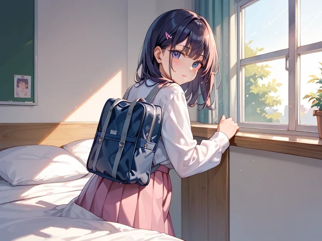 One girl chatting.she ware one light pink t shirt and night pant in position of sitting flore down in a room in frent of her one bag .school bag colour pink