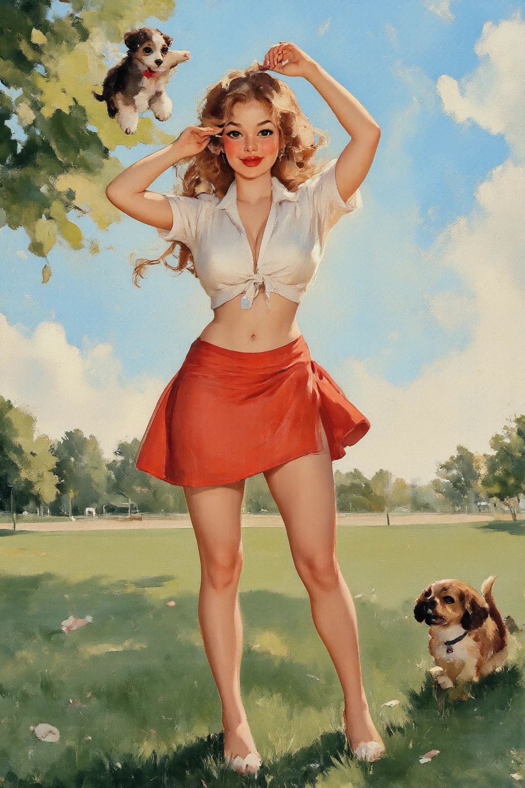 Extremely detailed image of a Beautiful sexy Girl in Her 20s Beautiful outlook 3D4K, beautiful award winning ultra detailed cinematic vintage pin-up style, sitting on the ground, with cute puppy, medium breast, beautiful long legs, showing breast, tight tits, detailed legs and hands, tight breast. Flowing skirt, up_skirt.