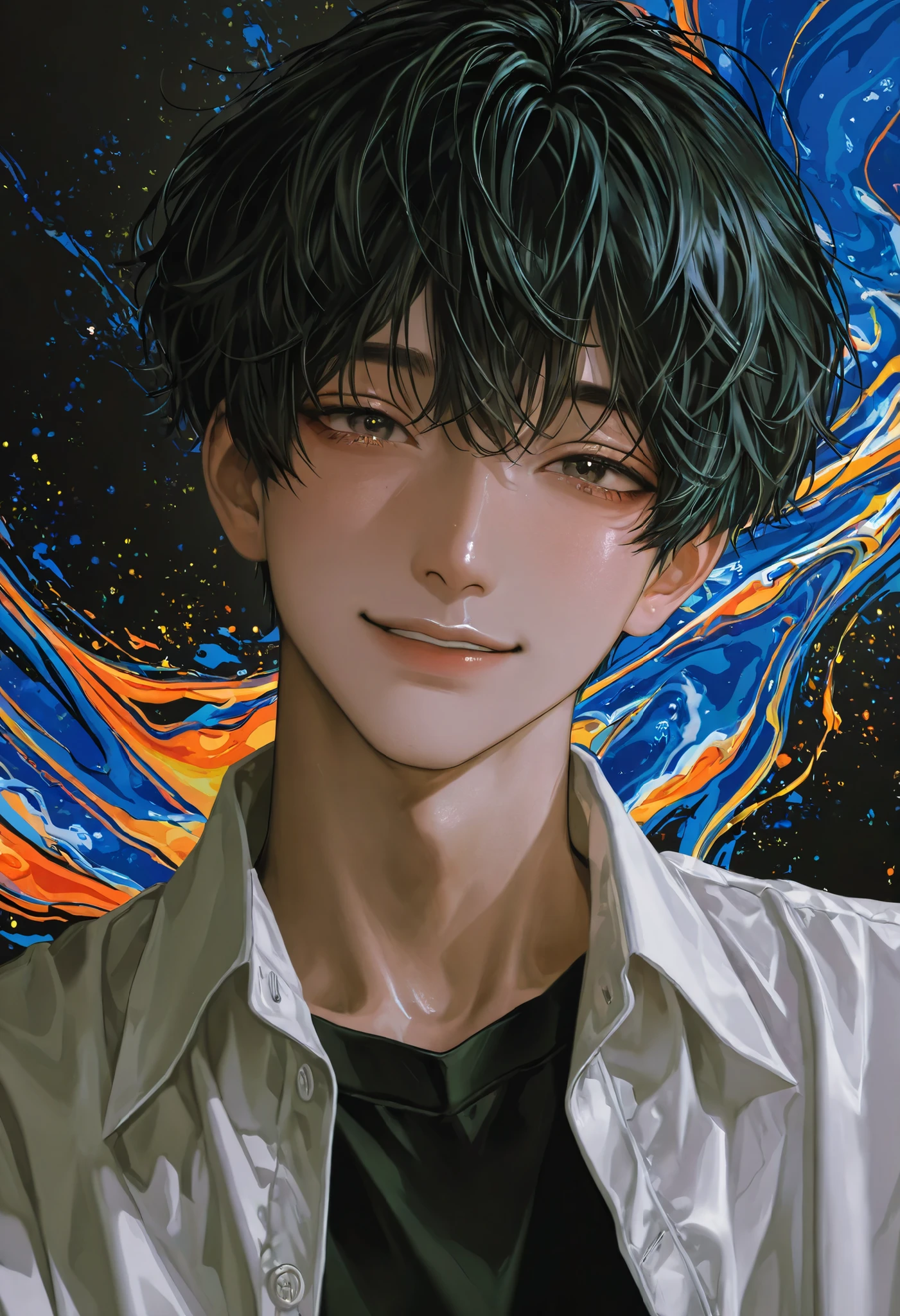 a young man with dark hair looking up at the camera in black, 1boy, male focus, solo, black hair, looking at viewer, short hair, smile, digital painting, digital style, illustration, HD, 8k, best quality, saturated colors, saturated color palette, vibrant colors, hot man, attractive features, detailed features, pseudo-realistic, pseudo-traditional, handsome boy