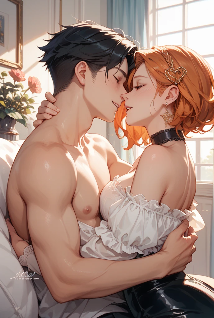 ((nsfw)), ((1 boy and 1girl are having sex)), missionary position, spread legs, legs up, drooling, cum, netorare, trembling, (vaginal penis), blush, Nipples、Red lips、最high quality、Best image quality、masterpiece、adult woman, make-up, red eyeshadow, rouge, mole under eye, (((mature female))), (((milf))), (((tareme))), , Anime Girl, animated gif, Best Bust、large breasts, big hips、Beautiful Eyes、Orange Hair、Beautiful black eyes、(((braid ponytail))), (forehead), 、high quality、Beautiful art、night、Luxury hotel rooms、On the bed、Exquisite design、Highest detail、8ｋ, pussy juice, sweat, blush, closed, eyes, open mouth