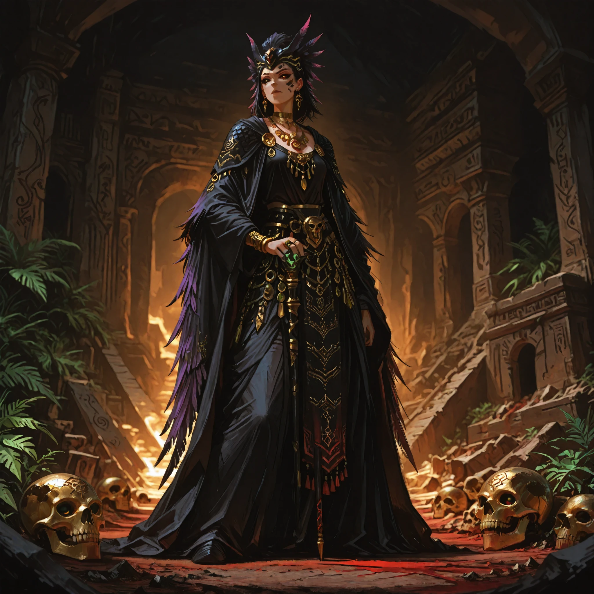 masterpiece, best quality, ultra-detailed, absurdres, 8k, cinematic lighting, dark fantasy, anime style, addmicrodetails — Full body view of a female Yuan-ti pureblood empress standing at the summit of a ruined Mayan pyramid. She radiates serpentine menace and regal dominance. Wind blows through her outfit, making her ceremonial skirt ripple dramatically. Her emerald slit-pupil eyes with black sclera gleam with intelligence; pointed ears and bronze-olive scales shimmer across temples, cheekbones, and collarbones. Her closed mouth reveals slightly protruding snake-like canines in a sinister expression. She wears an ornate dark gold and obsidian copilli crowned with a jade serpent whose eyes glow red-obsidian. A cloak of black-wine-purple feathers and serpent glyph embroidery flows from her shoulders. Jewelry includes jade-gold necklaces with skull motifs, fang-shaped rings, ruby earrings. She holds a serpent-headed obsidian-gold scepter in one hand. Mayan ruins, dense jungle, flickering torchlight, and sharp shadows frame the scene. Color palette: emerald green, blood red, obsidian black, aged gold.