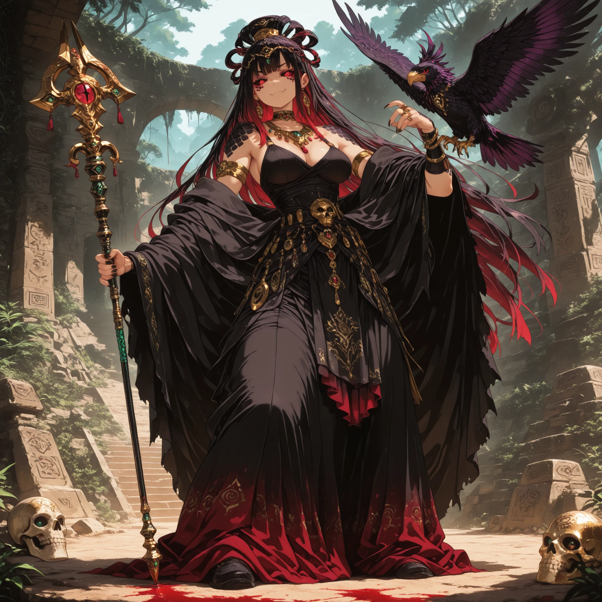 masterpiece, best quality, ultra-detailed, absurdres, 8k, cinematic lighting, dark fantasy, anime style, addmicrodetails — Full body view of a female Yuan-ti pureblood empress standing at the summit of a ruined Mayan pyramid. She radiates serpentine menace and regal dominance. Wind blows through her outfit, making her ceremonial skirt ripple dramatically. Her emerald slit-pupil eyes with black sclera gleam with intelligence; pointed ears and bronze-olive scales shimmer across temples, cheekbones, and collarbones. Her closed mouth reveals slightly protruding snake-like canines in a sinister expression. She wears an ornate dark gold and obsidian copilli crowned with a jade serpent whose eyes glow red-obsidian. A cloak of black-wine-purple feathers and serpent glyph embroidery flows from her shoulders. Jewelry includes jade-gold necklaces with skull motifs, fang-shaped rings, ruby earrings. She holds a serpent-headed obsidian-gold scepter in one hand. Mayan ruins, dense jungle, flickering torchlight, and sharp shadows frame the scene. Color palette: emerald green, blood red, obsidian black, aged gold.