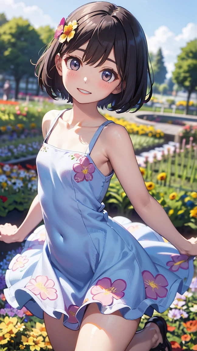 best quality,masterpiece,1girl,solo,(((9years old))),japanese girl,an extremely cute and beautiful girl,highly detailed beautiful face and eyes,petit,cute face,lovely face,baby face,shy smile,show teeth,black hair,medium short hair,Hairless pussy,flat chest,nipples are sticking out in the shirt,skinny,slender,(((wearing a wet white thin mini summer dress))),(((lift dress))),(((standing in a flower garden))),she is looking at the viewer,(((full body)))