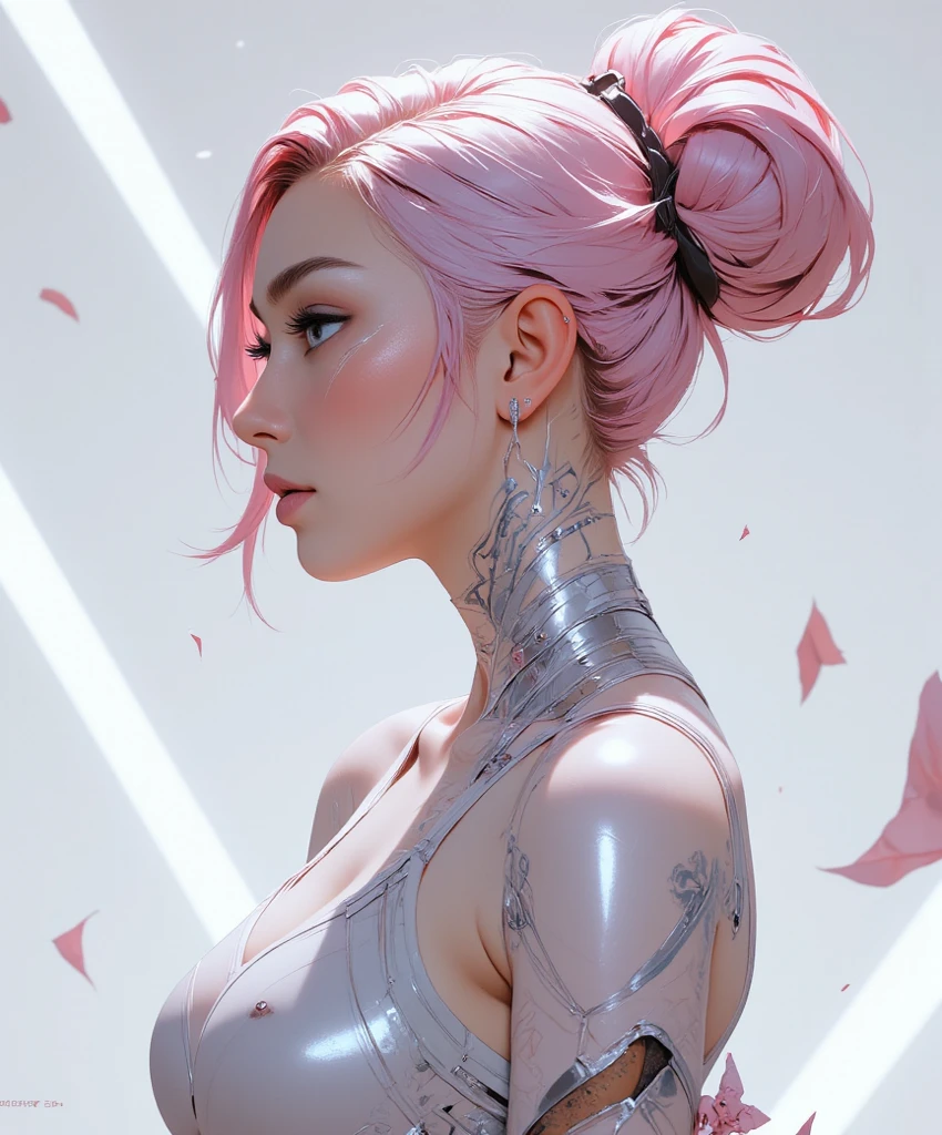 A beautiful attractive woman with short hair, full body portrait, in the style of Moebius, full of pink and white hexagons in the background, with a futuristic sci-fi aesthetic style, simple details, minimalism, black lines, clean pictures. The skin is white and she has an extremely delicate face that resembles floating glass. A sense of mystery, soft lighting, ultra-high definition images, and a cool color tone. She is wearing, 32k ,uhd
