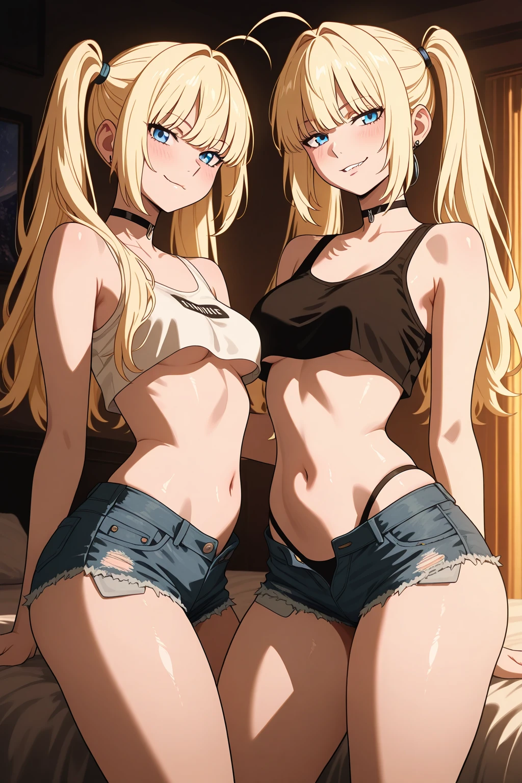 (highest quality, High resolution, perfect pixel, Depth of bounds written, 4K), upper body, (chair), (looking down), (detailed eyes), (1 lady), tall, (skinny body:1.2), (thin thighs:1.2), (Narrow hips:1.2), (black tube tops:1.4), bellybutton, sleeveless, middle breasts, (blond hair), (ponytail:1.2), (standing:1.2), (denim skirt:1.2), (panty strap), (hands on hips:1.2), contrapposto, (seductive smile),