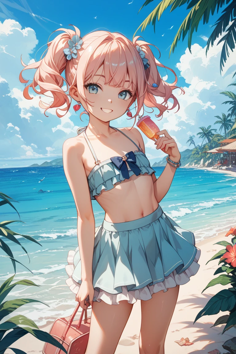 1 girl, :d , beach, summer, bikini, aqua_nails, ball beach, beach_umbrella, beachball, bird, bracelet blonde_hair, cloud, cloudy_sky, cocktail_glass, collarbone, cup, drinking_glass, drinking_straw, eyewear_on_head, flamingo, food, fruit, blue_eye, hair_between_eyes, hair_ornament, hairclip, holding, holding_water_gun, inflatable_flamingo, jewelry, knee_pads, lime_(fruit), looking_at_viewer, multicolored_hat nail_polish, navel official_alternate_costume, outdoors, pink_bracelet, pink_nails, pink bikini, sandals,
