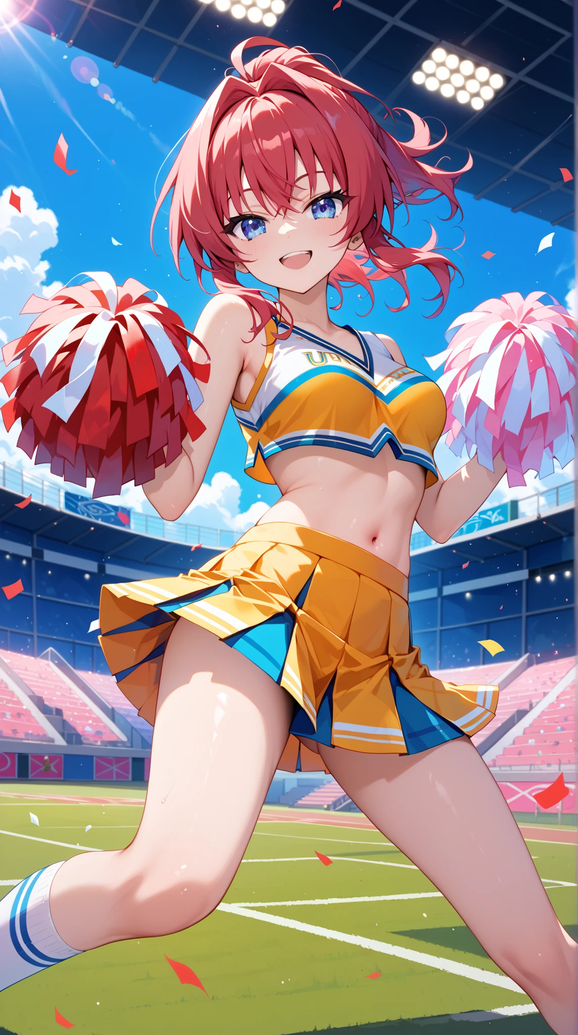1 girl, game CG, sleeveless white cheerleader, lower breasts visible, navel visible, short red skirt, gigantic breasts, pink hair, long hair, ponytail, princess hairstyle, ahoge, pink eyes, out of school , blue sky, tree, jump, smile, open mouth,