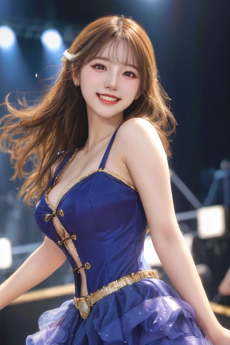 Stage dancer dance costume , Highest quality, shape, Very detailed, In detail, High resolution, 8k wallpaper, Perfect dynamic composition, Beautiful details, Natural Lip, Fancy dance costumes, Big Breasts, Cleavage, She is smiling and making cute poses while walking..., A masterpiece of the whole body, Side Short