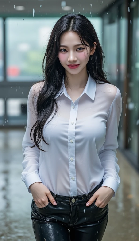 ((1girl:2)), ((1 screen)), 8K, RAW shot, top quality, masterpiece, realistic photo, ((anatomically correct proportions: 1.5)), (sexy proportions), (knee Above shot from: 1.2), detailed face, detailed eyes, detailed fingers, detailed skin, detailed legs, (((short torso: 2))), (big breasts: 1.5), (( Heavy rain)), ((High school girl standing in a raining schoolyard: 1.5)), 18 years old, ((Standing soaking wet: 1.5)), ((A pose that attracts men, man A smile that attracts: 1.5)), (((wet hair, wet bangs, wet skin, wet blouse stuck to the skin: 1.8))), ((no bra: 2)), (( (Wet and see-through girls' high school blouse: 2))), ((Nipple protrusions are visible on the chest: 1.5)), ((Girl's high school blouse with a red ribbon: 1.5)), wet high school skirt
