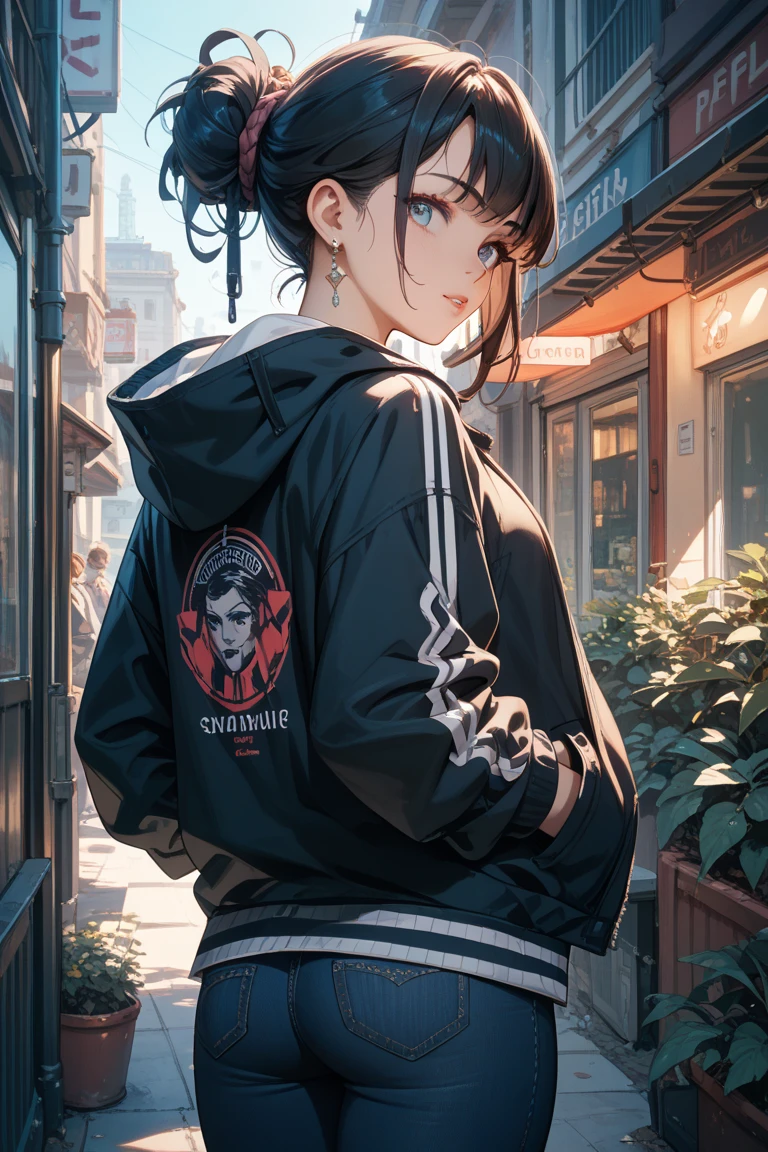 Anime, girl in a short miniskirt, panties visible, red-black hair, Twin Tail, in a beautiful area, rainy weather.