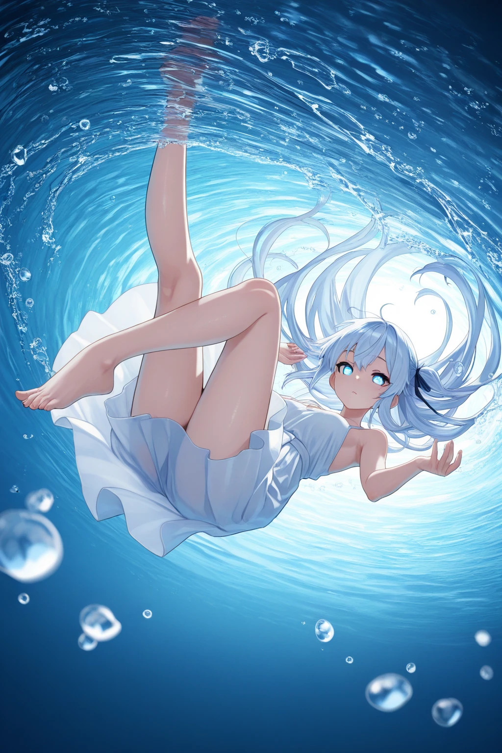 Plain light blue background Girl sinking in water Air bubbles