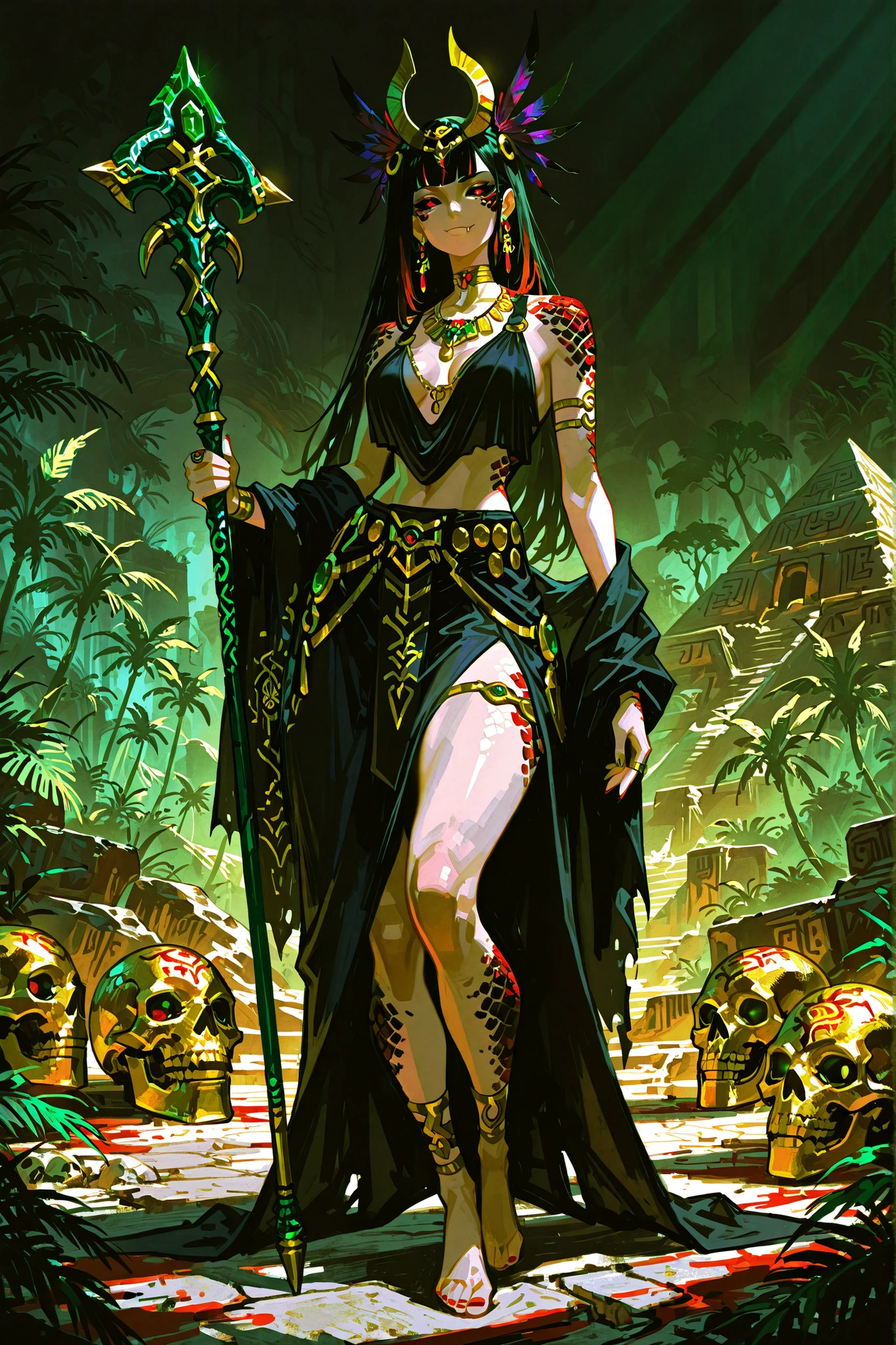masterpiece, best quality, ultra-detailed, absurdres, 8k, cinematic lighting, dark fantasy, anime style, addmicrodetails — Full body view of a female Yuan-ti pureblood empress standing at the summit of a ruined Mayan pyramid. She radiates serpentine menace and regal dominance. Wind blows through her outfit, making her ceremonial skirt ripple dramatically. Her emerald slit-pupil eyes with black sclera gleam with intelligence; pointed ears and bronze-olive scales shimmer across temples, cheekbones, and collarbones. Her closed mouth reveals slightly protruding snake-like canines in a sinister expression. She wears an ornate dark gold and obsidian copilli crowned with a jade serpent whose eyes glow red-obsidian. A cloak of black-wine-purple feathers and serpent glyph embroidery flows from her shoulders. Jewelry includes jade-gold necklaces with skull motifs, fang-shaped rings, ruby earrings. She holds a serpent-headed obsidian-gold scepter in one hand. Mayan ruins, dense jungle, flickering torchlight, and sharp shadows frame the scene. Color palette: emerald green, blood red, obsidian black, aged gold.
