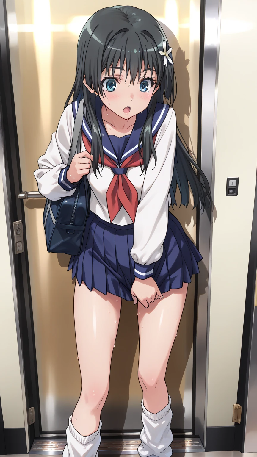 cartoon, masterpiece, best quality, realistic, extreme detail,volumetric lighting, 8k, detailed face, young woman,standing outside lifitng skirt,freckles, asymmetrical blunt_bangs, black hair, long hair, sanpaku_eyes, freckels,teeth, ((green eyes)), small breasts, solo, from below, pov,(school uniform, serafuku, blue blazer (plaid skirt)), pink panties, cameltoe, tie, elevator, buttons, elevator controls,