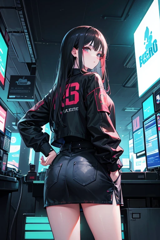 (Masterpiece), (best quality), 1girl, 12 years old, young, middle school age, ???, black hair, slim body, flat chested, small breasts, small butt, flat butt, very small butt, flat butt, short, cute, beautiful, sparkling eyes, in a high-up apartment building at night, futuristic city, standing looking out the window, facing away from camera, black bra, bottomless, bare backside with an unzipped black jacket covering her arms, cyberpunk girl, dark with neon lights, bottomless, no underwear, naked from the waist down, late at night, rear view, back view