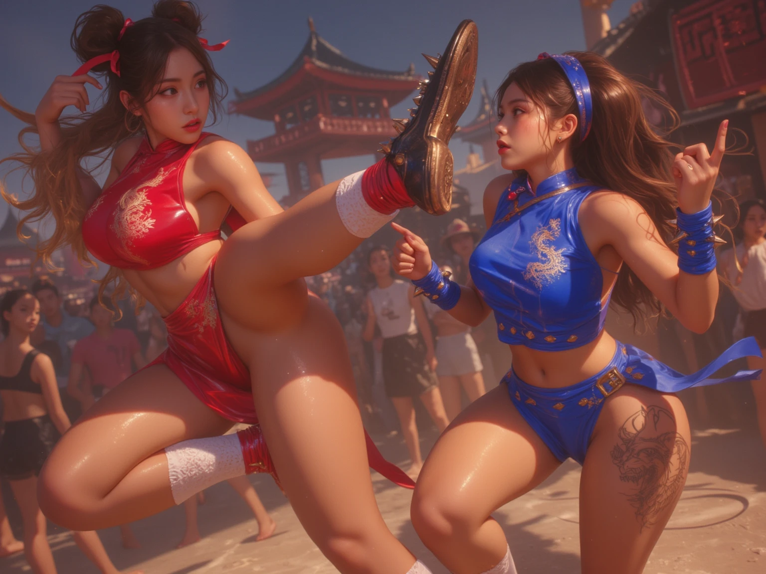 (masterpiece、Highest quality)、(Underground Arena)、(Two beautiful female warrioruscular)、((Mr.々Fight with weapons、Hold your weapon))、(Aggressive moves)、(Poor conditions)、Shady Red Light District、Full nudity、Pussy、tits、pubic hair、(stage)、smile、Happy schoolchildren、Perfect Anatomy