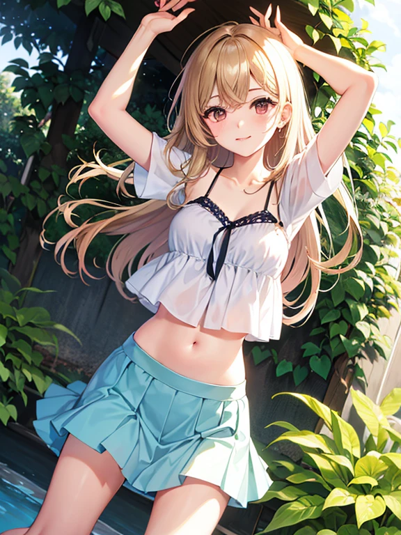 blonde hair, long hair, green eyes, green gown, short skirt, slim legs, navel, balcony, happy