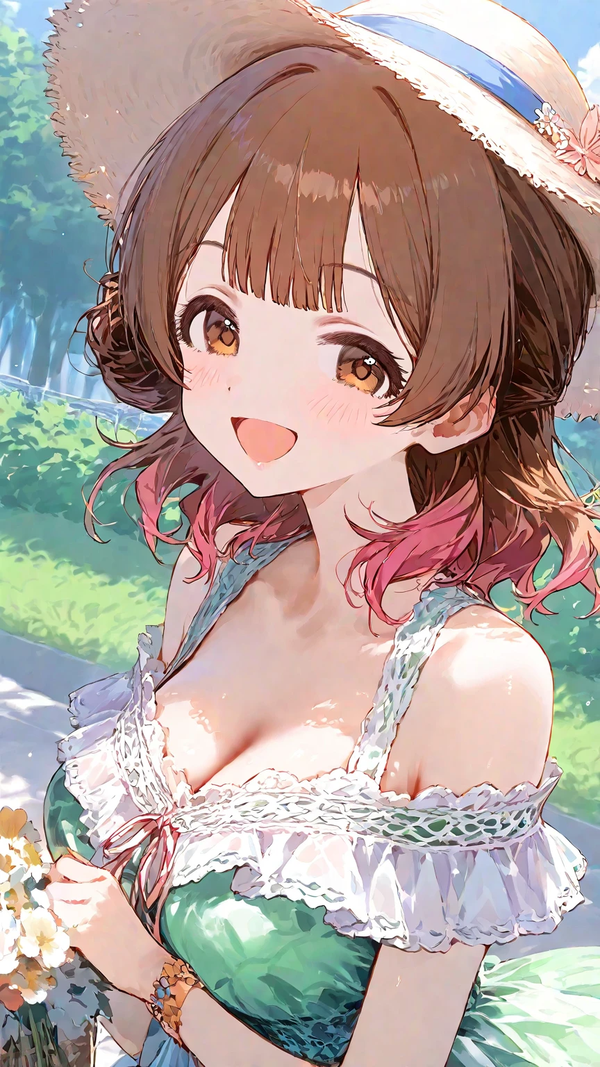 (best quality), (Super detailed), (Best Illustration), (woman), look at viewer, (Ahegao:1.2), (bandeau bikini), (large Breasts:1.2), {brown hair, (bob cut:1.2), curly hair, hairs between eyes}, {(detailed eyes), heart-shaped pupils, blue eyes}, blush, sweat, steam, earrings, (flower hair ornaments),