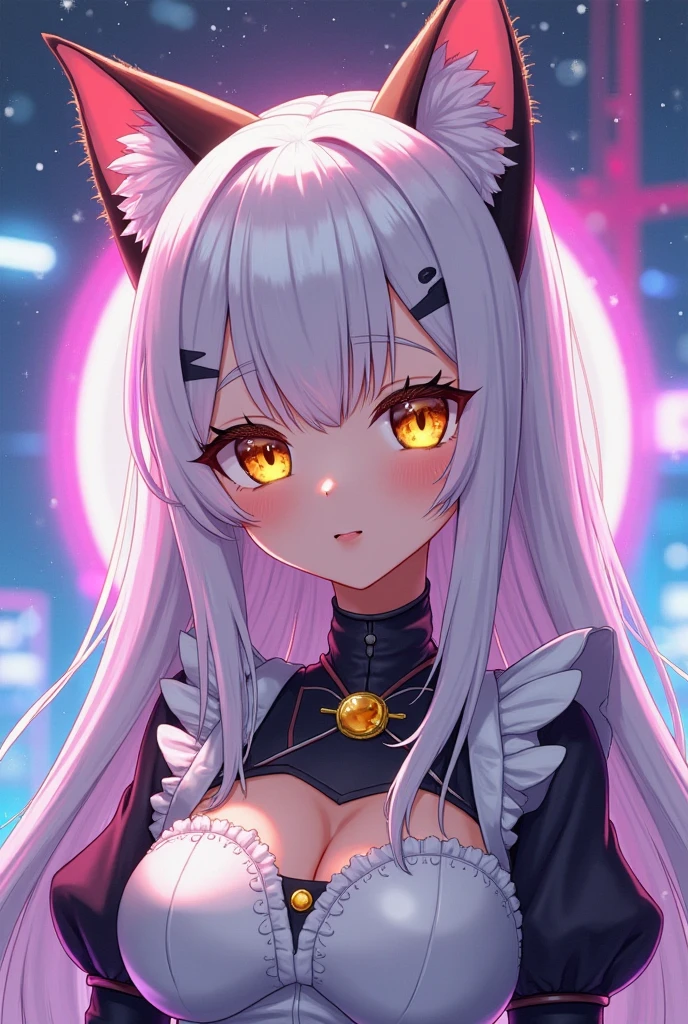 (masterpiece, best quality), ((1 Girl, (Mature female) Long hair), (Star-shaped pupil,  +_+, Symbol-shaped pupil, Bright Eyes), (Cat ears, Open your mouth)), (Looking at the audience, A faint smile, Off-shoulder), (Abstract, Multicolored background, Abstract background, Chromatic Aberration), vampire, Blood on the face, Blood stains on clothes, Bat Wings