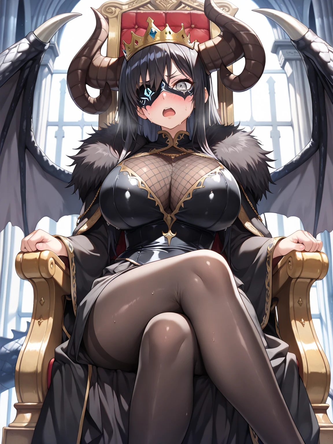 1 girl,colored eyelashes,deep eyes,skin-covered horns,deepcolor,big breast, colored eyelashes, alternate eye color,breast curtain,masterpiece, best quality,very aesthetic,absurdres,inner boob,chair,sitting_on_throne,nsfw,