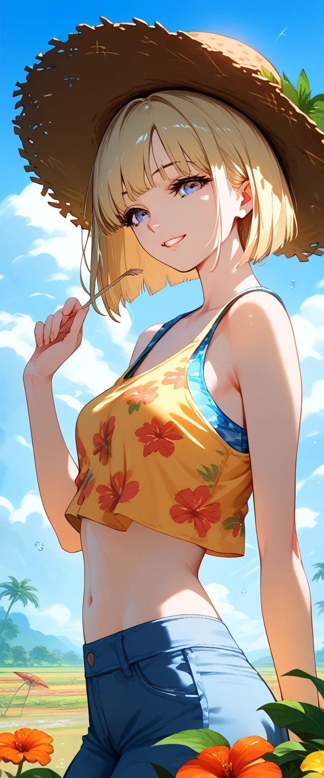 outdoors,ocean,beach,tree,clouds,shore,masterpiece,anime screenshot,1girl,solo,misty,green eyes,orange hair,side ponytail,smiling,yellow shirt,sleeveless shirt,denim shorts,suspenders,midriff,groin,groin tendon,(covered nipples:0.7),wet,wet shirt,close-up,<lora:MistyV2-0000111:0.8>,misty \(pokemon\),
