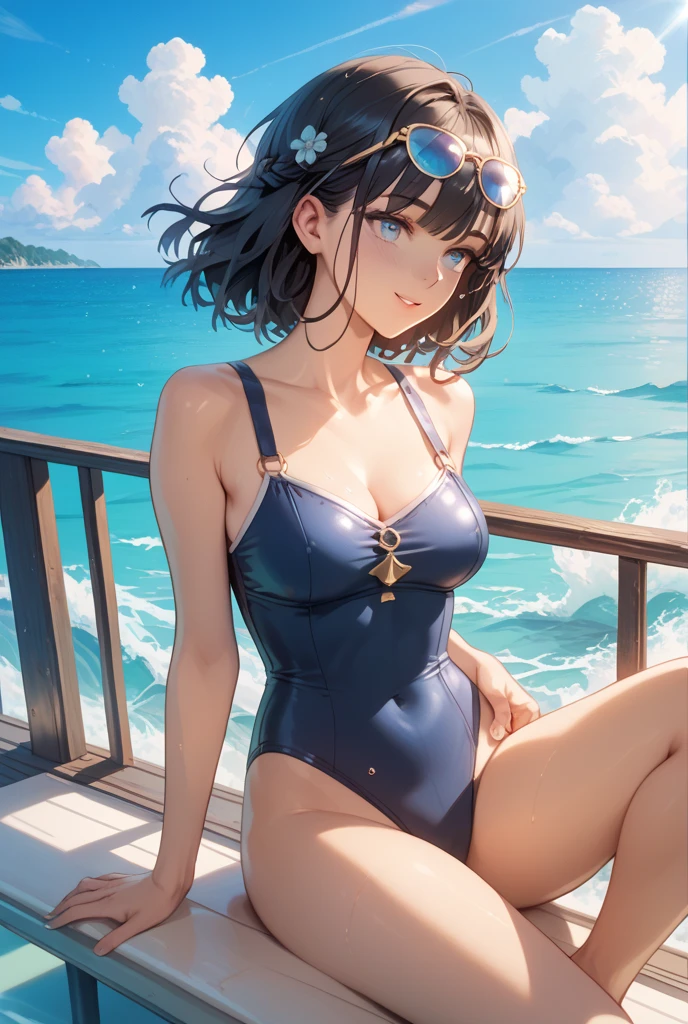 girl、solo、、swimsuit one piece、seductive pose、smile、beach、Playing with the waves on the beach、