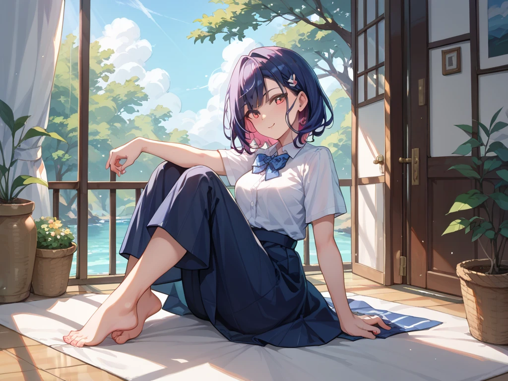 masterpiece, sidelighting,  masterpiece*portrait, lustrous skin, ((1girl, solo)), best background detail,stare,  bed room, tsundere, arousing,lewd, akane,front , ((light smile, happy)),  long hair, looking at viewer, smile, bangs, blue eyes,  shirt, blue hair, white shirt, sidelocks, frills, side ponytail, ((full body)),  kneel