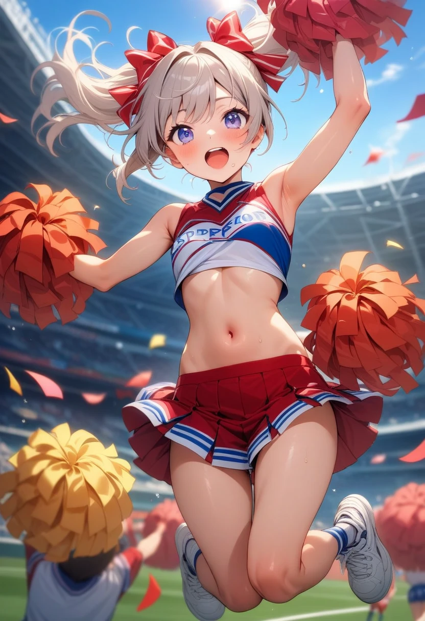 raise one leg、panty shot、cheerleader beauty、silver hair upstyle、((whole body))、(((photo taken from below)))、baseball Ground