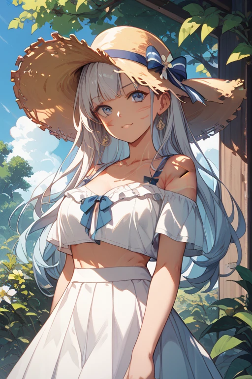 femele，Miss，solo person，smali，long whitr hair，Summer dress，grassy fields，Works of masters，Best image quality，Higher quality，high detal，超高分辨率，8K分辨率，bust，exquisite facial features，s the perfect face，Glowing skin