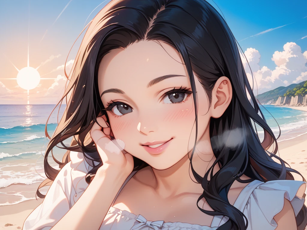 a young mixed asian and hispanic girl with long wavy hair wearing a small bikini, at the beach, full body, small breasts, smiling, (high detail skin:1.2), 8K UHD, Digital SLR, High quality, filmgrain, Fujifilm XT3, perfect figure, (beautiful woman:1.4), ((wavy hair)), RAW photo, rim lighting, dim lighting, perfect anatomy, anatomically correct, perfection proportions.