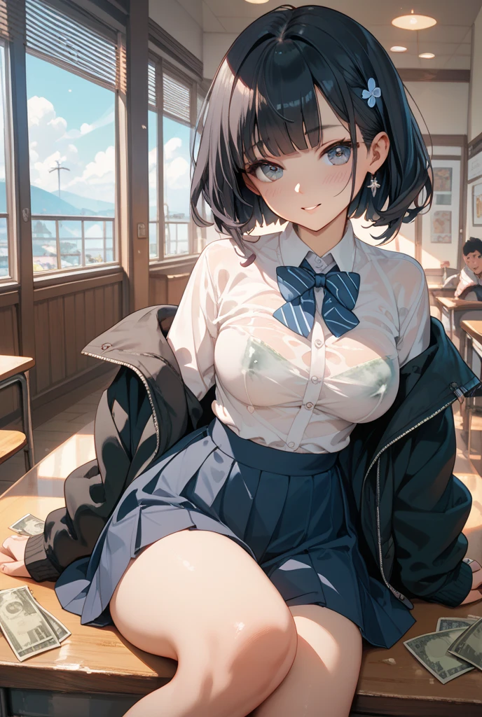 (8k, RAW Photos, Highest quality, masterpiece:1.2), Boob proportions、((solo:1.2))、White Shirt、cardigan、Open shirt、mini skirt、White knee-high socks、Black Loafers、Black hair pigtails、Sitting on the sofa、