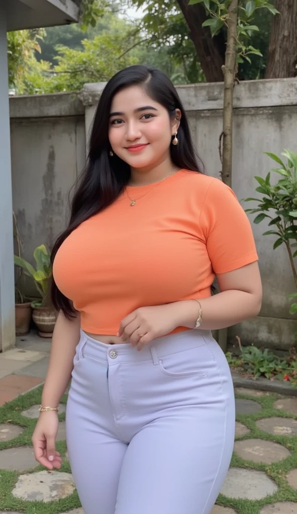 RAW Photo, 40 Year Old Indonesian Woman, Fat, Chubby, Sexy, Hair in a ponytail, Wearing a Sexy pink sports T-shirt, Ripped Jeans, Happy Smile, Outdoor.