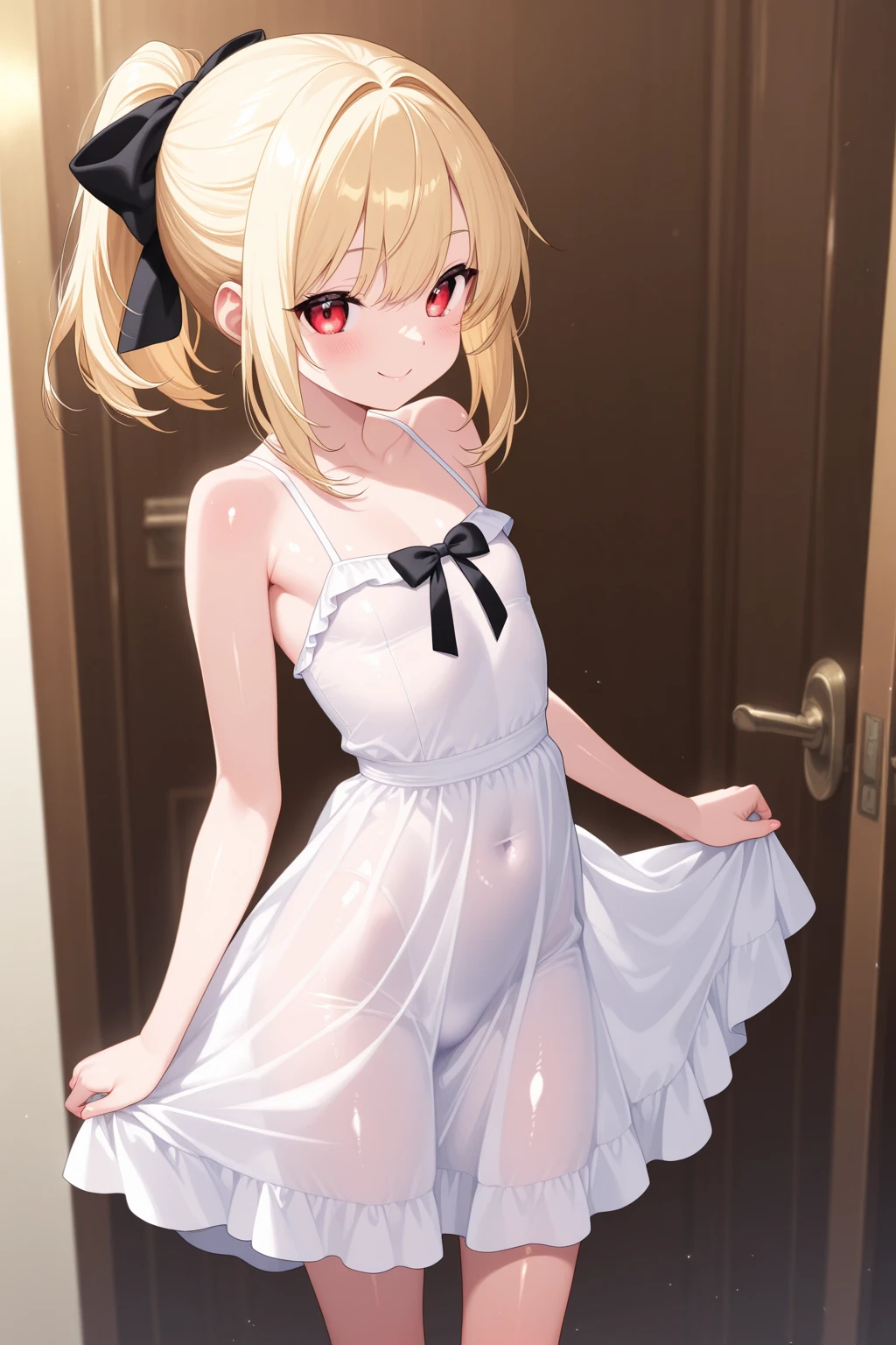Toddler girl wearing a dress naked Long blonde hair nsfw whole body Dance smile Lift up the dress I can see your crotch Transparent Black Lady Black Hat I can see your chest A thin, sheer dress