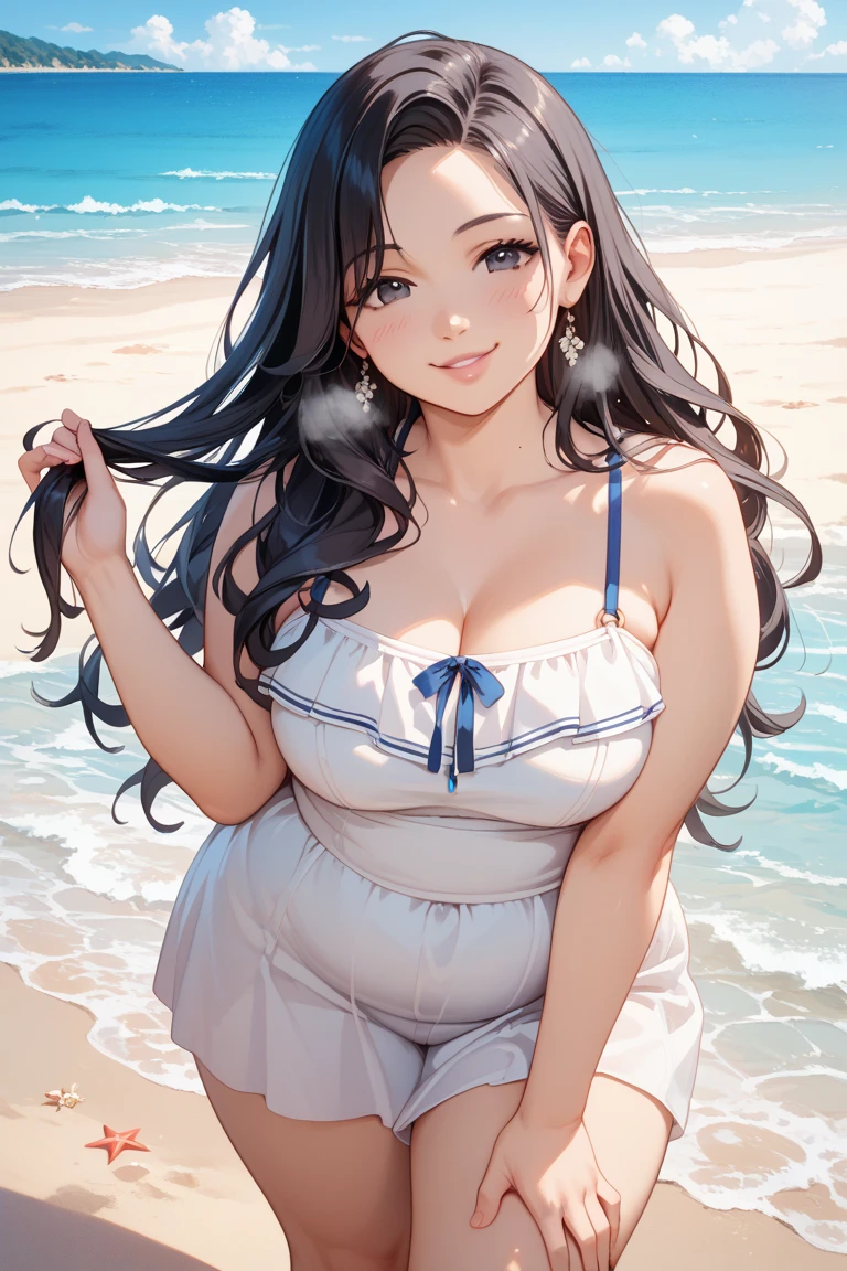 highest quality、High resolution、detailed background、beautiful and detailed face、beautiful and smooth skin、skin texture、professional lighting、Beautiful teenage girl、((three women))、(huge breasts: 1.3)、
((wet white thin baby doll, sailor color))、sexual expression、side pony、cute hairstyle, Can be seen through clothes、lying on the beach and smiling、show one'~ side、waikiki beach、rakai beach、lying on the beach