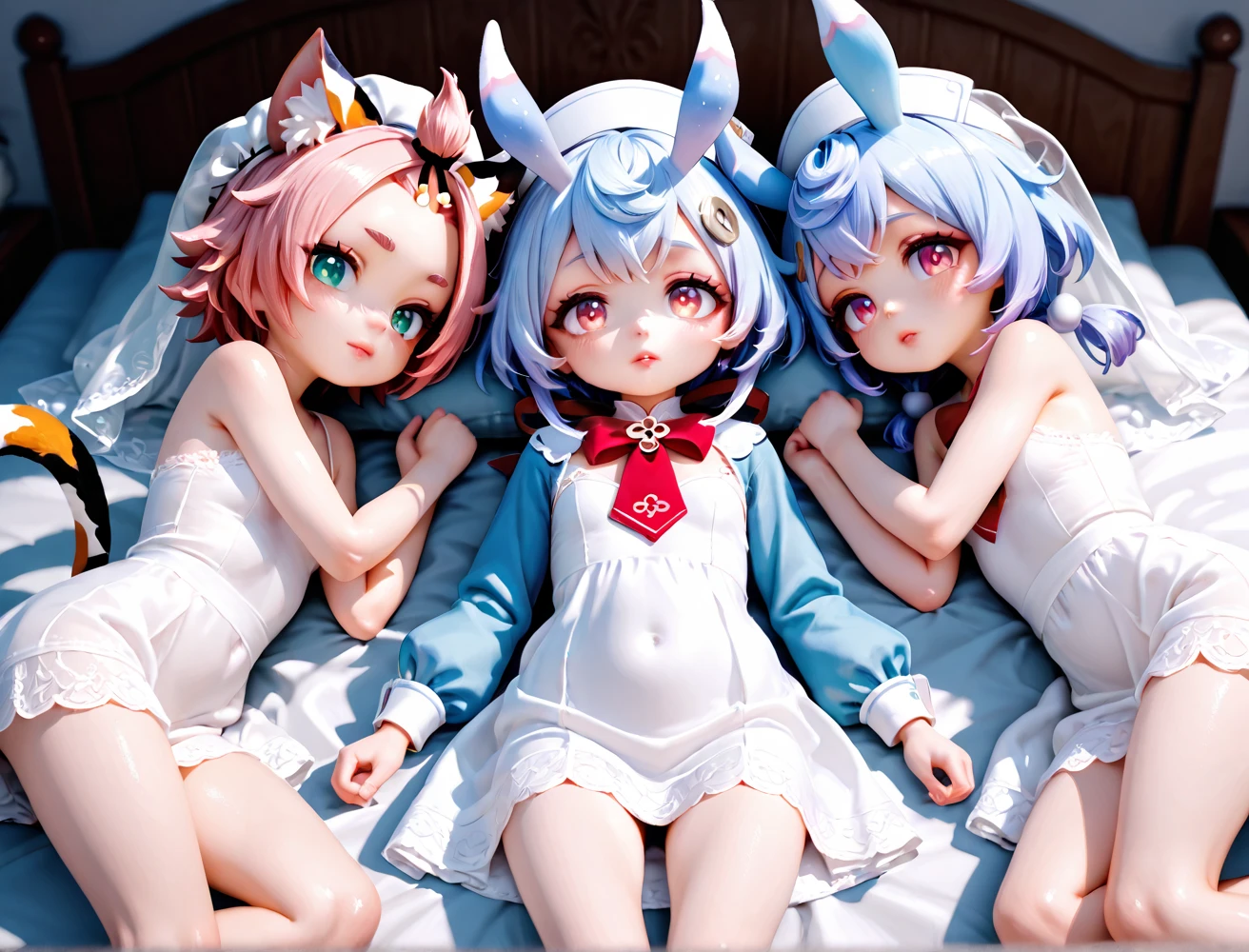 (Loli.he is short.sharp eyes.The skin is lustrous.My waist is narrow.very small .beautiful areola).(White see-through G-string.Nipples are clearly visible through.Has tattoos).(On a large bed.Three people lying down side by side.M-shaped spread legs.Smiling and seducing)perfect face.High resolution.There is a sense of dynamism.The whole body is reflected