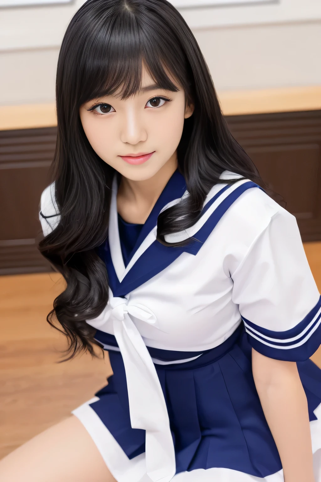 (masterpiece:1.2), super high quality, japanese girl, (super realistic), (super photographic style), 1girl,  (15 years old), tits, (sailor school uniform), lying on her back to a bed, smiling, thighs, (view from sky above), 