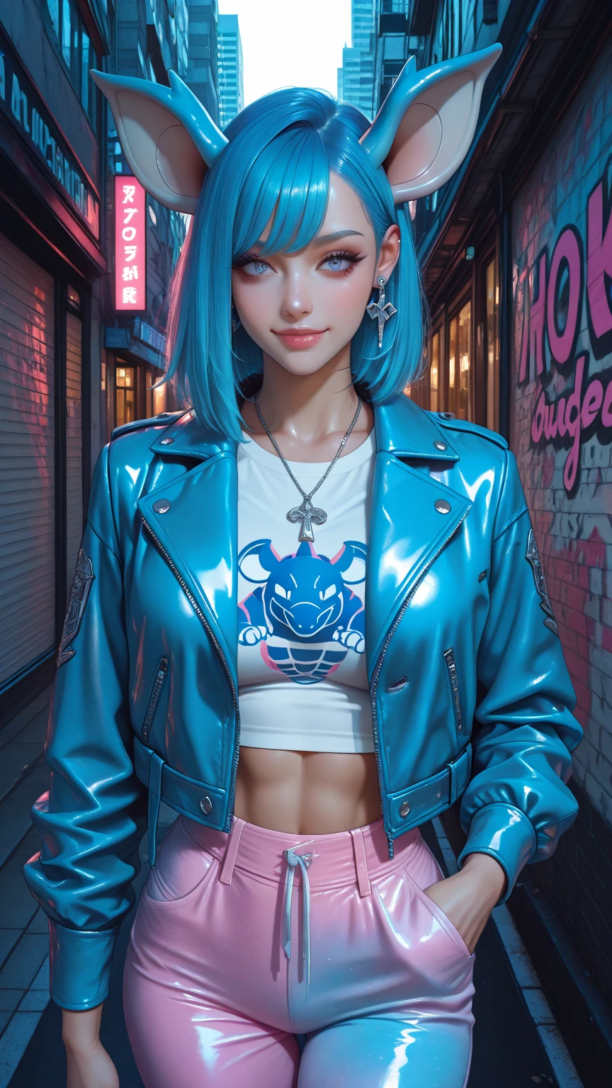 (blue hair:1.4), short hair, realistic green eyes, cobalt hair, long bob hair, tousled hair, shoulder length hair, Full body, woman with white skin and Asian features, 24 year old, big breast. She has a small, elegant nose with a slight upward curve at the tip. Her lips are full and naturally pink, with a well-defined Cupid's bow. Her teeth are straight and white, enhancing her captivating smile. Her face has an oval shape with high cheekbones that add to her model-like appearance. (crack), detailed (texture!, shine, color!!, flaws: 1.1), highly detailed glowing eyes, (looking at camera), specular light, dslr, extreme quality, crystal clear, cute face, detailed skin pores, oil Dark skin, brown, complex eye details, she is far from the camera, A full-body portrait, captured from a distance. Dynamic Frame Best Quality, Realistic, full body Realism, beautiful hairstyle, 8K, (masterpiece, best quality:1.4), (beautiful, aesthetic, perfect, delicate, intricate:1.2), (cute, adorable), (depth of field:1.2), colorful, vivid colors, perfect female form, perfect face, narrow waists, soft smile, (a sexy woman), White tank top, Jeans Miniskirt, Blue Mini Skirt, Sexy Heels, (red plastic jacket:1.2), (hands in pokets), looking at viewer, cleavage, (graffiti wall:1.4), (standing, cowboy shot), (short hair:1.3)