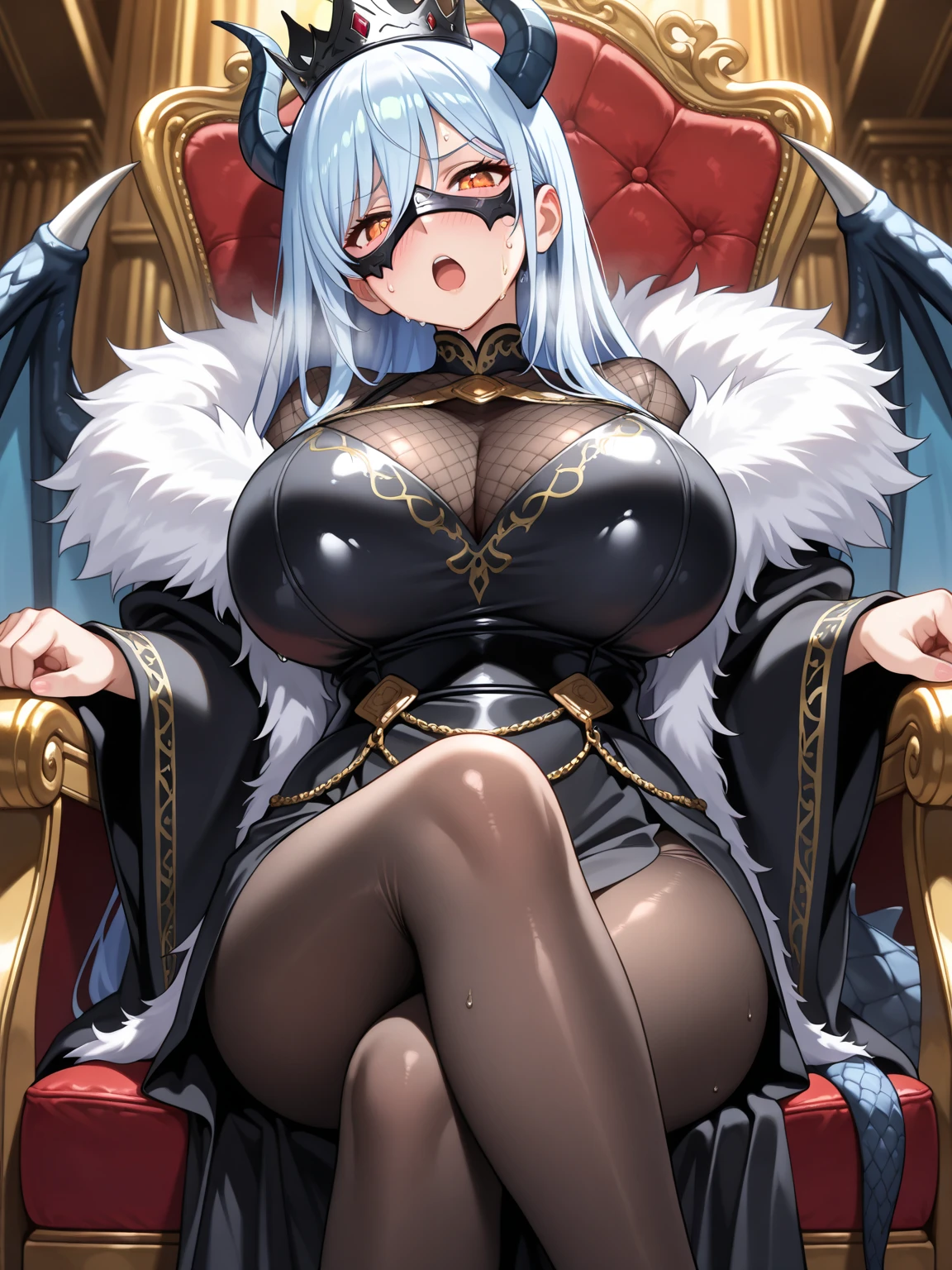 1girl,solo,super detailed skin,shiny skin,expressionless,majestic wings, claws, multicolored scaly skin,skull skin,abs,glowing eyes,eyelashes,lips gloss,fangs ,large breasts,beautifully shaped breasts,vibrant colors ,sitting on throne,apart legs ,masterpiece,best quality,ultra detailed,high resolution,sharp focus,depth of field,